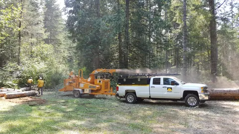 Peak chipper and truck set up at a wooded removal site.