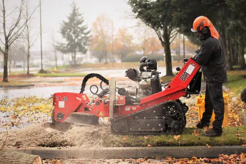 Tracked stump grinder working a parking strip.
